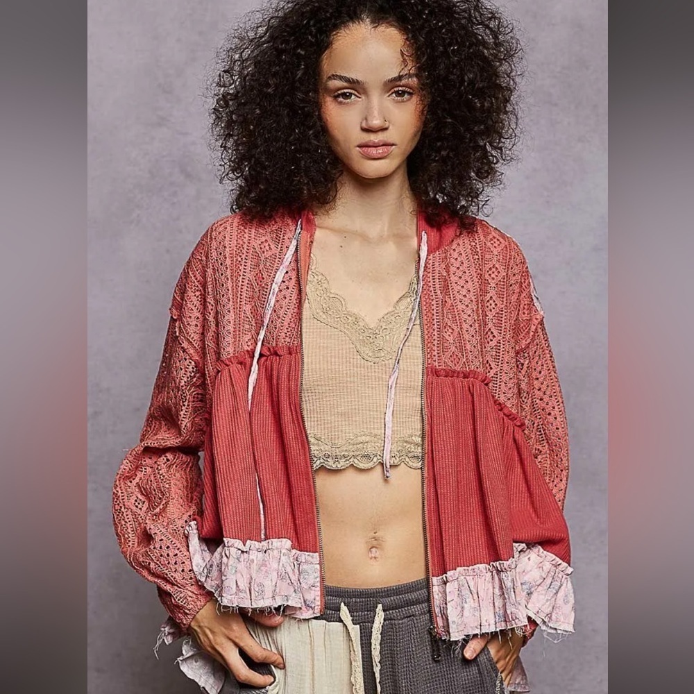 POL Cranberry Crochet Ruffle Jacket NIP - Picture 3 of 7